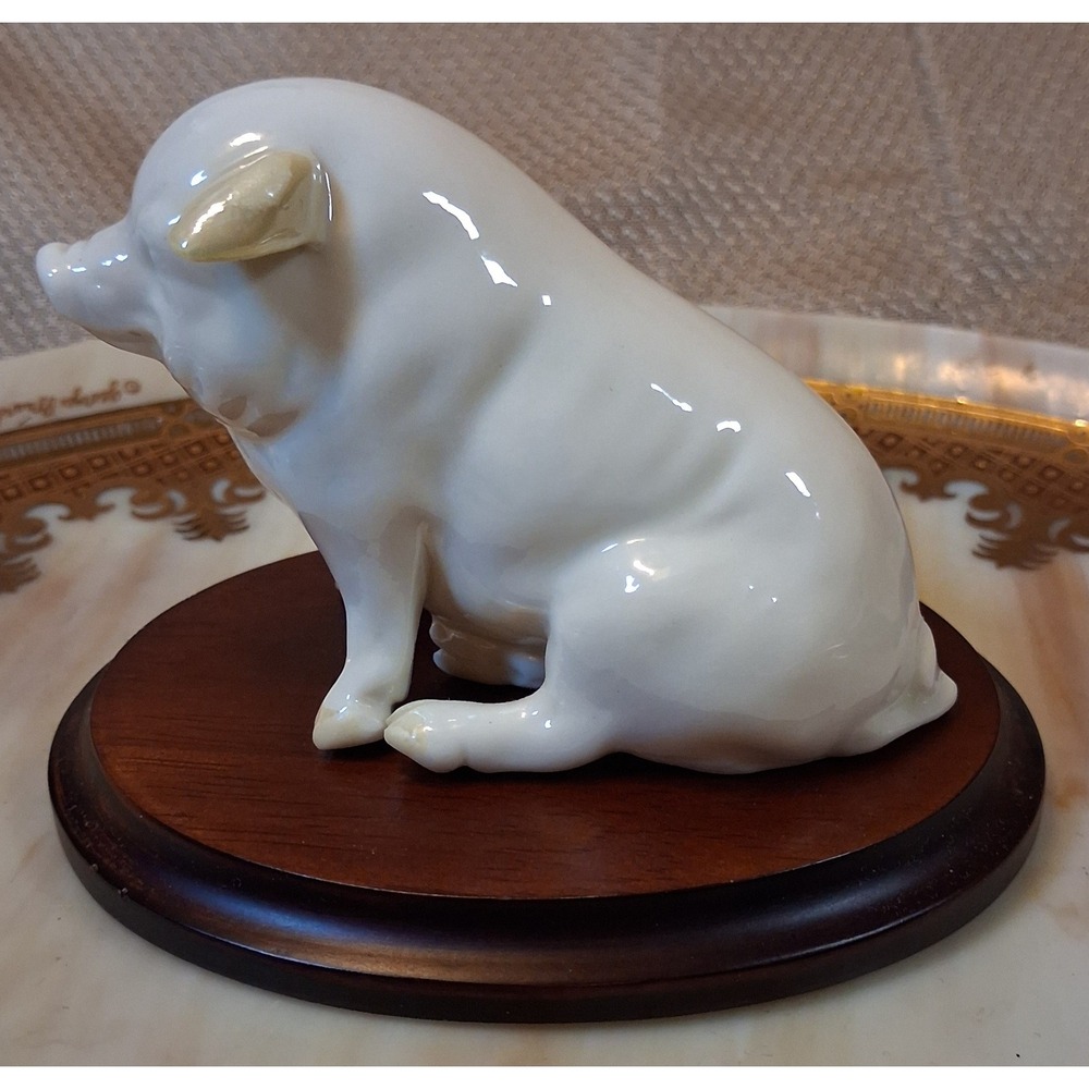 Belleek Ireland Parian China Pig Figurine with Wood Base Green Mark